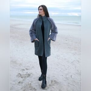 Beautyfur Fashions Wool and Cashmere Coat Grey with Mink Sleeves Size M